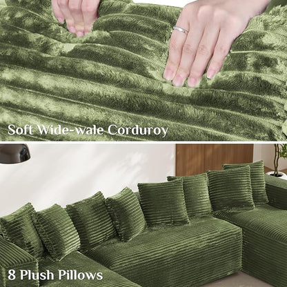 131" Oversized U Shaped Cloud Sectional Couches for Living Room, Comfy Fluffy Corduroy Green Boneless Sectionals Couch, Plush Memory Foam Modular Sectional Sofa with Chaise- 19" Seat Height