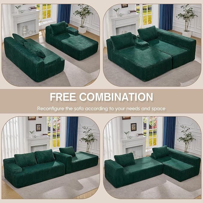 Hobestluk Boneless Couch Modular Sectional Sofa L-Shape Oversized Chaise | 108" Right Facing Chaise Green,Memory Foam,Removable Cover,Non-slip Bottom,No Assemble Required,Living Room Furniture