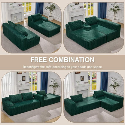 Hobestluk Boneless Couch Modular Sectional Sofa L-Shape Oversized Chaise | 108" Right Facing Chaise Green,Memory Foam,Removable Cover,Non-slip Bottom,No Assemble Required,Living Room Furniture