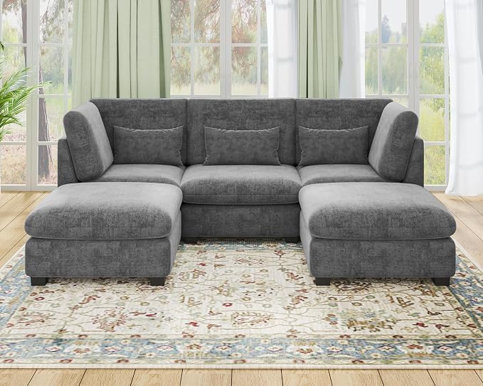 115" Oversized Chenille Couch Modular Sectional Sofa, Washable Cloud Couch Sectional with 2 Ottoman, 5 Seater Sectional Couches for Living Room, Fully Cover Removable, U Shaped, Chenille, Grey