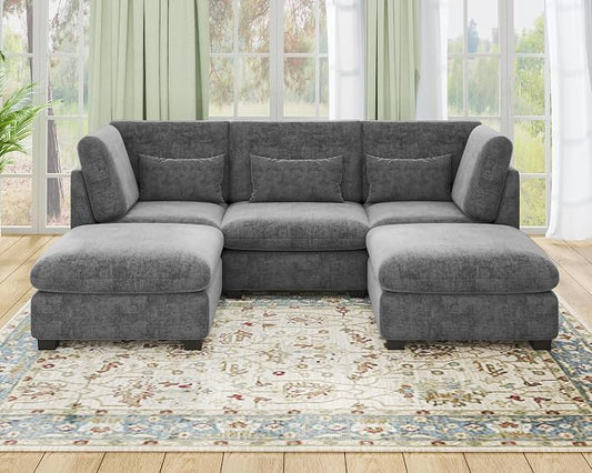 115" Oversized Chenille Couch Modular Sectional Sofa, Washable Cloud Couch Sectional with 2 Ottoman, 5 Seater Sectional Couches for Living Room, Fully Cover Removable, U Shaped, Chenille, Grey