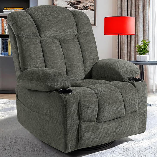 Swivel Rocker Recliner Chair for Adults – Manual Glider Sofa with Massage, Heat & Vibration, 360° Rocking for Living Room (Dark Gray, 30"x30"x40")
