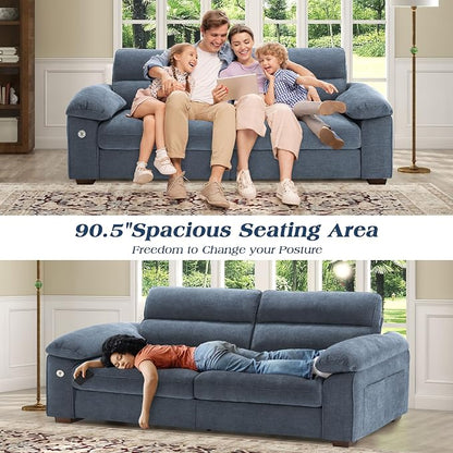WorthFurni Sofas for Living Room, Chenille Pillow-Armrest Loveseat Couch Set, Small Sofa, 3 Seater Sofa, USB Charging, Removable Sofa Cover, Solid Wood Frame, Easy to Install (90.5 inch, Blue)