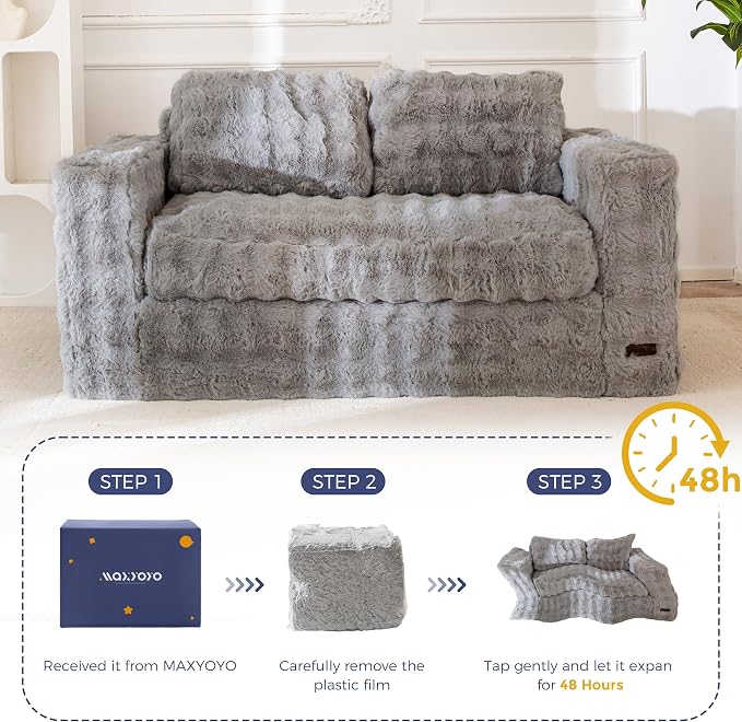 MAXYOYO Loveseat Sofa for Living Room, Small Sofa Couch Tufted Boneless Couch, Comfy Bean Bag Chair for Small Space Bedroom Apartment, No Assembly Needed, Grey