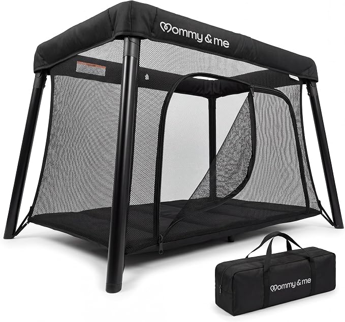 Mommy&Me Travel Crib for Baby and Toddler, Black | Lightweight 14 lb, Portable Playard, Folds in Seconds with Carry Bag, Breathable Mesh Sides, Easy Side-Zip Access