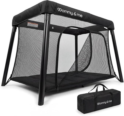Mommy&Me Travel Crib for Baby and Toddler, Black | Lightweight 14 lb, Portable Playard, Folds in Seconds with Carry Bag, Breathable Mesh Sides, Easy Side-Zip Access