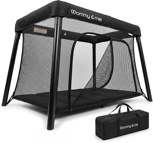 Mommy&Me Travel Crib for Baby and Toddler, Black | Lightweight 14 lb, Portable Playard, Folds in Seconds with Carry Bag, Breathable Mesh Sides, Easy Side-Zip Access