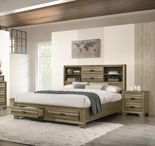 Roundhill Furniture Loiret Light Gray Finish 3-Piece Wood Bedroom Set with Queen Size Storage Bed with Two Nightstands