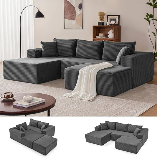 Mangodan 110” Cloud Sectional Couch, Modular Sectional Sofa with Deep Seat, Boneless Sofa for Living Room, Fluffy Comfy U-Shaped Couch with Left Facing Chaise, No Assembly Required, Grey