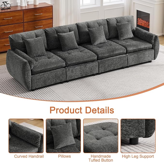 112" Oversized Modular Cloud Sofa, Deep Seat Tufted Chenille 4-Seater Sectional Couch with Curved Arms, Comfy Sofas for Living Room, Dark Grey
