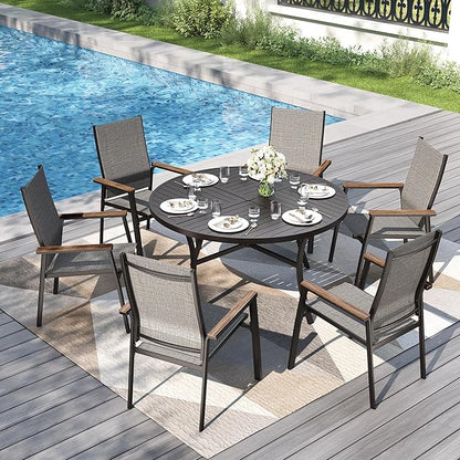 PHI VILLA Patio Dining Set for 6 Person, Patio Table and Chairs for 6, Lightweight Stackable Chairs with Breathable Fabric and Elongated Metal Table for Garden Yard Deck, Grey