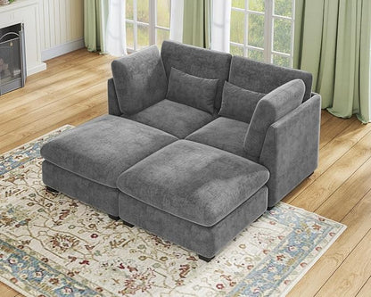 77" Oversized Chenille Couch Modular Sectional Sofa, Washable Cloud Couch Sectional with 2 Ottoman, 4 Seater Sectional Couches for Living Room, Fully Cover Removable, Chaise Lounge, Chenille, Grey