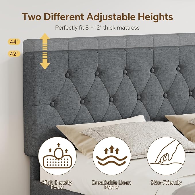 Ball & Cast Queen Bed Frame with Adjustable Headboard,Upholstered Platform Bed Frame Queen Size with 2 Wood Storage Drawers & Pull‑Out Trundle Bed,Wooden Slats Support,No Box Spring Needed,Dark Gray