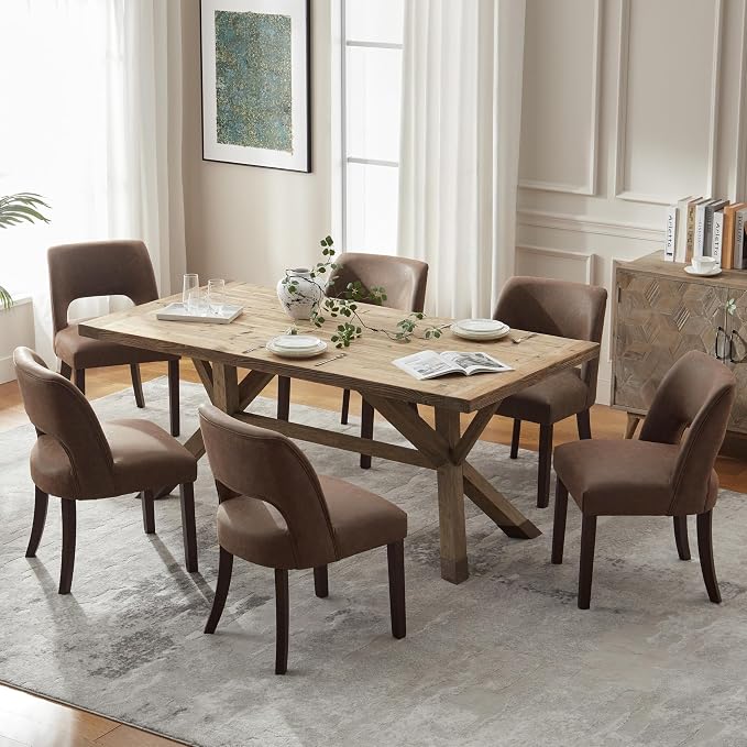VKNOW Modern Dining Chairs Set of 6 with Rubberwood Legs, Dark Brown | Faux Leather, Curved Back, For family, Kitchen Dining RoomRestaurant Reception Room, No wobble, 80% pre-installed