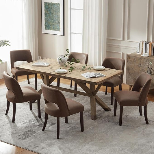 VKNOW Modern Dining Chairs Set of 6 with Rubberwood Legs, Dark Brown | Faux Leather, Curved Back, For family, Kitchen Dining RoomRestaurant Reception Room, No wobble, 80% pre-installed