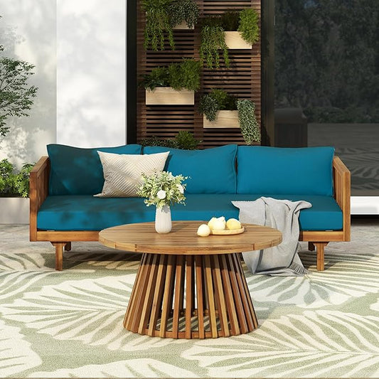 Merax Outdoor Acacia Wood Conversation Set, 3-Seat Loveseat Sofa w/Coushion and Round Coffee Table for Backyard, Patio Furniture, Teak+Teal