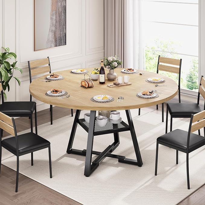 Jocoevol 51'' Round Dining Table for 6,Kitchen Dining Room Circle Dinner Pedestal Table,Space Saving Wood Kitchen & Dining Room Furniture (Natual Wood, 51In)