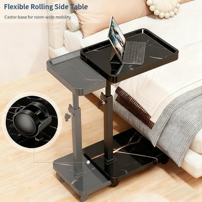 C Table End Table Adjustable Height, 360°Swivel TV Tray Table for Small Spaces, Side Tables with Wheels for Living Room and Bedroom, Bed (Black-15.7 x 11.8 inches)