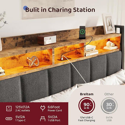 BRELTAM Queen Bed Frame with Storage Drawers Upholstered Bed with 2-Tier Storage Headboard and LED Light&Charging Station,Metal Platform Bed Frame Queen Size,No Box Spring Needed,Vintage Brown