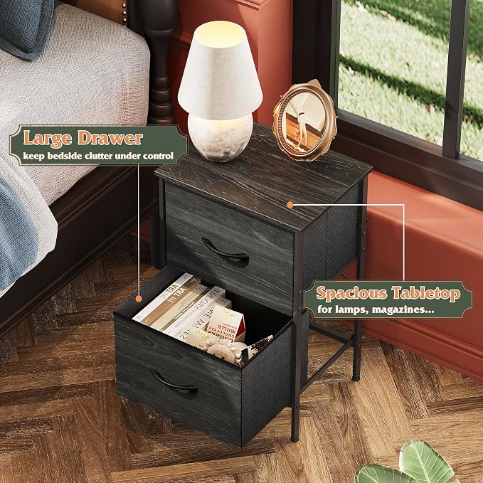 WLIVE Nightstand, Nightstand with 2 Drawers, Bedside Furniture, Night Stand, Small Dresser for Bedroom, College Dorm, End Table with Fabric Bins, Dormitory, Charcoal Black Wood Grain Print