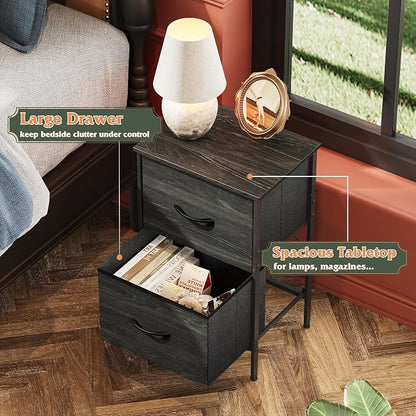 WLIVE Nightstand, Nightstand with 2 Drawers, Bedside Furniture, Night Stand, Small Dresser for Bedroom, College Dorm, End Table with Fabric Bins, Dormitory, Charcoal Black Wood Grain Print