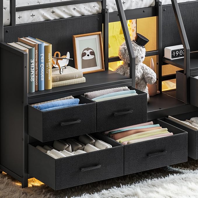Bellemave Full Low Loft Bed,Metal Kids Loft Bed Frame for Boys Girls,Black | Fabric Drawers,LED Lights,Storage Shelves,Under-bed Space,Space-saving