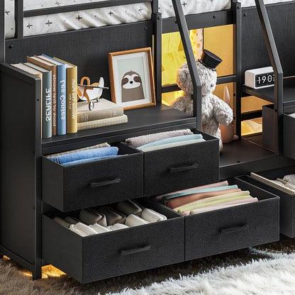 Bellemave Full Low Loft Bed,Metal Kids Loft Bed Frame for Boys Girls,Black | Fabric Drawers,LED Lights,Storage Shelves,Under-bed Space,Space-saving