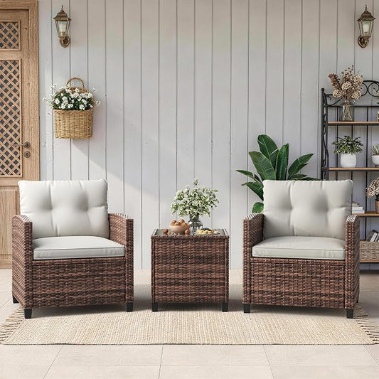 Garvee Outdoor Wicker Chairs,3 Pieces Patio Furniture Set,All Weather High Back Rattan Chairs w/Washable Cushion and Tempered Glass Tabletop for Deck Porch Balcony Backyard Garden,Brown & Beige