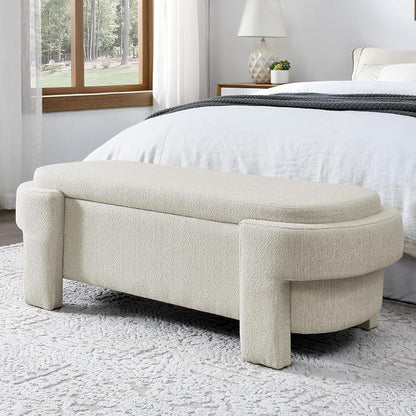 51.5" Oval Storage Bench End of Bed Storage Benches Linen Fabric Upholstered Ottoman Bench with Large Storage Space for Living Room Entryway Bedroom Hallway (Beige, 51.5 inch)