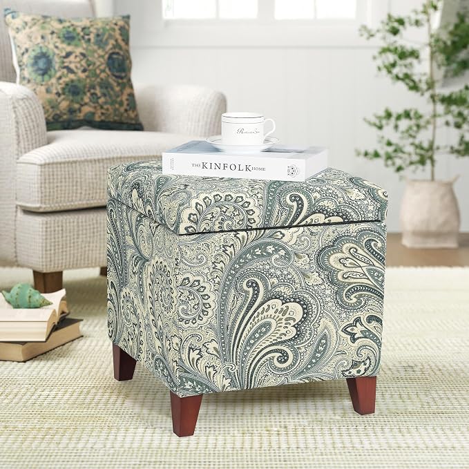 Adeco 18" Cube Storage Ottoman in Blue Paisley, Upholstered Linen Foot Stool & Accent Chair for Entryway, Vanity or Small Spaces