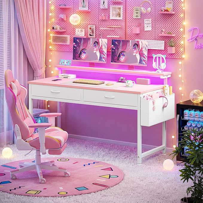 DurayLoly 39.4Inch Office Computer Desk with LED Lights & 2 Fabric Drawers, Gaming Desk with Side Pocket & Ergonomic Monitor Stand, Small Space Study Writing Table with Anti-Tip Design,Pink