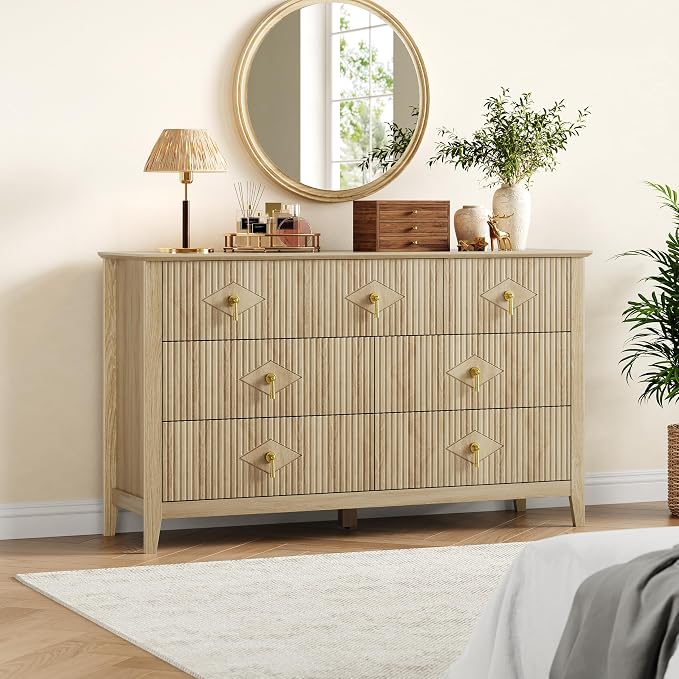 GarveeHome Fluted Dresser for Bedroom, 54 Inch Wide 7-Drawer Wood Dresser, Modern Chest of Drawers, Storage Organizer Cabinet for Living Room, Hallway, Entryway, Natural