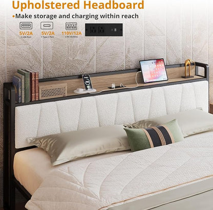 LIKIMIO California King Size Bed Frame with 2 Drawers and Charging Station | Platform Bed with Upholstered Storage Headboard, No Box Spring Needed, Easy Assembly, Sturdy, Wood and Cream