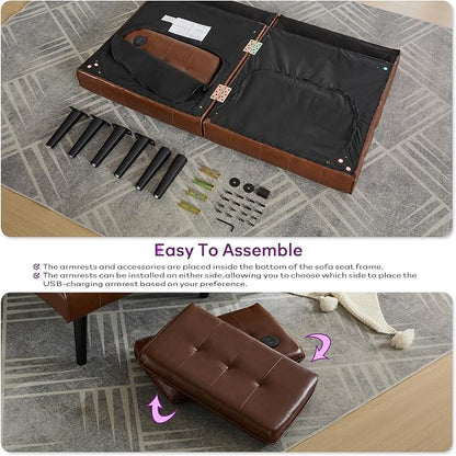 TYBOATLE 65“ Convertible Futon Sofa Bed w/ 2 USB,Tufted Small Adjustable Folding Couch Loveseat, Modern Mid Century Faux Leather Sleeper Sofa for Living Room, Bedroom,Office, Brown