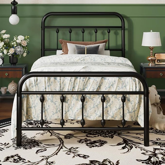 SHA CERLIN Twin Size Metal Platform Bed Frame with Victorian Style Iron-Art Headboard and Footboard, Easy Assembly, Under Bed Storage, No Box Spring Required, Black