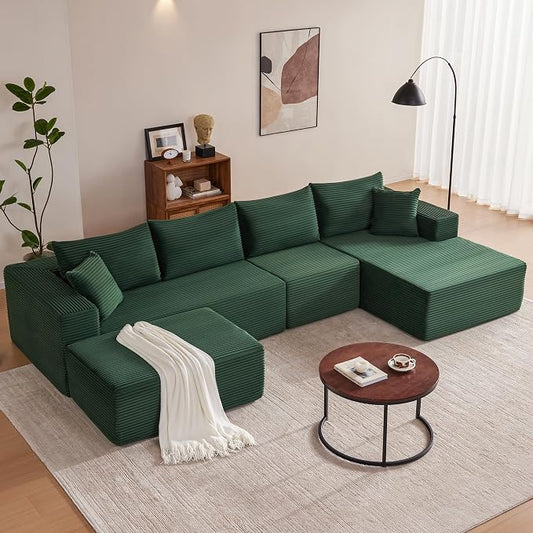 Mangodan 140” Cloud Sectional Couch, Boneless Sofa for Living Room, Modular Sectional Sofa with Deep Seat, Comfy Fluffy U-Shaped Couch with Right-Facing Chaise, No Assembly Required, Green
