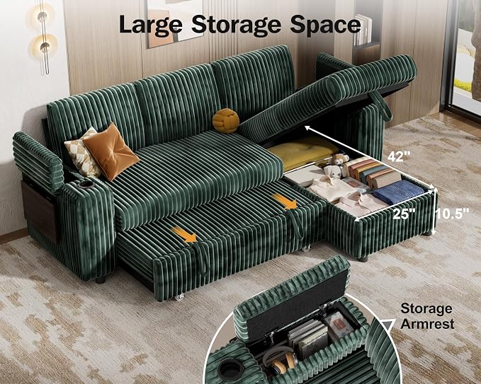 Vipbear 86" Modular Sectional Sleeper Sofa with Pull Out Bed, 3 Seat Plush Corduroy L Shaped Couch with Storage Chaise|USB Ports|Cup Holders|Side Table|Storage Armrests, Tool Free Assembly, Green