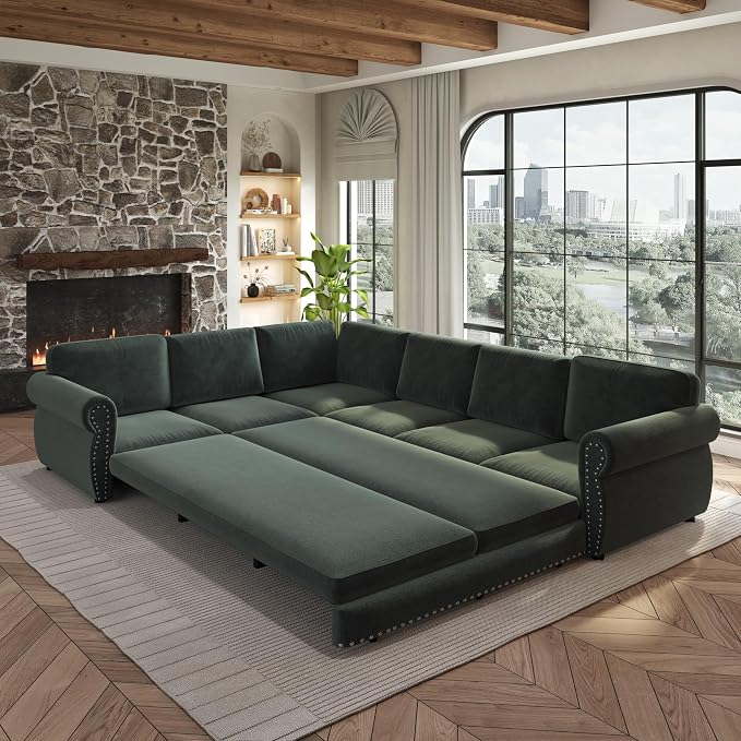 118" L-Shaped Sleeper Couch Bed - Oversize Convertible with Pull-Out Sofa Bed, Button Tufted Chesterfield Sofa, Chenille Sectional Vintage Couches for Living Room/Apartment(6-Seater, Green) | Oversize Convertible