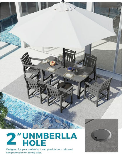 Ciokea HDPE Outdoor Dining Set, 7-Piece Patio Table and Chairs Set with Umbrella Hole, All-Weather Patio Dining Sets for 6, Durable Patio Furniture for Backyard, Garden, Lawn & Poolside, Grey