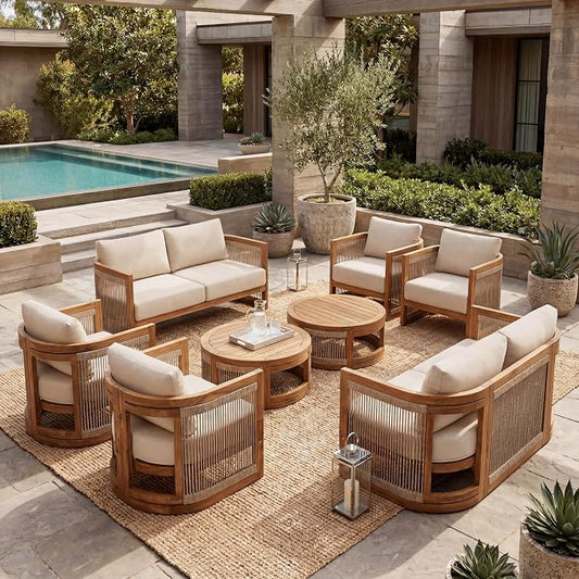Christopher Knight Home Nesbit 8-Seater Patio Furniture Set with Removable Cushion, 8 Piece Outdoor Acacia Wood Conversation Set, Wooden Outdoor Sectional Sofa Set with Coffee Table, Beige