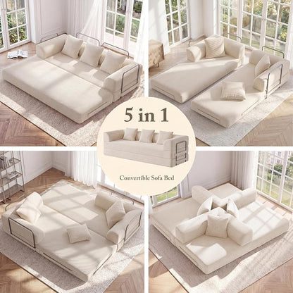 89" Cloud Boneless Convertible Sofa Bed, 5-in-1 Foldable Compressed High-Density Sponge Sofa, Corduroy Fabric 3 Seater Sleeper Couch Futon Daybed for Living Room Bedroom (Beige)