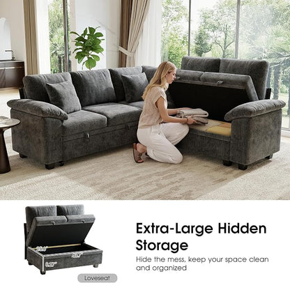 86" Modular Sectional Sleeper Sofa with Pull Out Bed, L Shaped 5 Seat Couch with 151L Storage, Convertible Cloud Couch Bed, Sectional Couches for Living Room, Apartment (Gray)