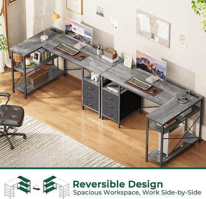 Huuger L Shaped Office Desk with Power Outlets, 47 Inch Computer Desk with 3 Drawers, Shelves, for Gaming, Corner Work, Home Office, Study, Grey
