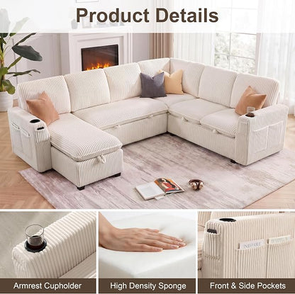 Sectional Sleeper Sofa with Pull Out Bed, Plush Corduroy 7 Seat Modular Sectional Sofa with Storage Chaise and Adjustable Backrest, Cloud Couches for Living Room, Apartment, Beige