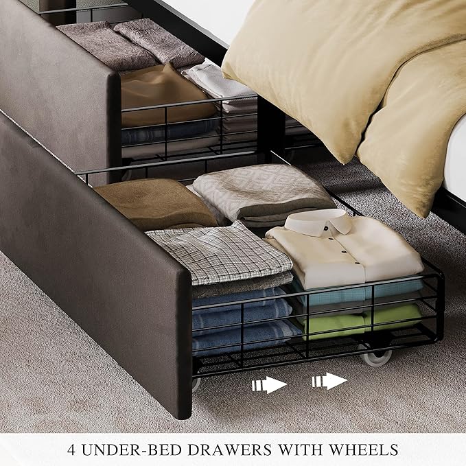 YITAHOME Queen Size Bed Frame with 4 Drawers and RGB LED Lights, Velvet Upholstered Platform Bed with Charging Station and Storage Headboard, No Box Spring Needed, Easy Assembly, Noise-Free, Dark Grey