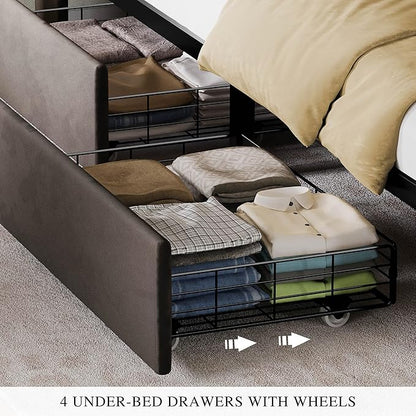 YITAHOME Queen Size Bed Frame with 4 Drawers and RGB LED Lights, Velvet Upholstered Platform Bed with Charging Station and Storage Headboard, No Box Spring Needed, Easy Assembly, Noise-Free, Dark Grey