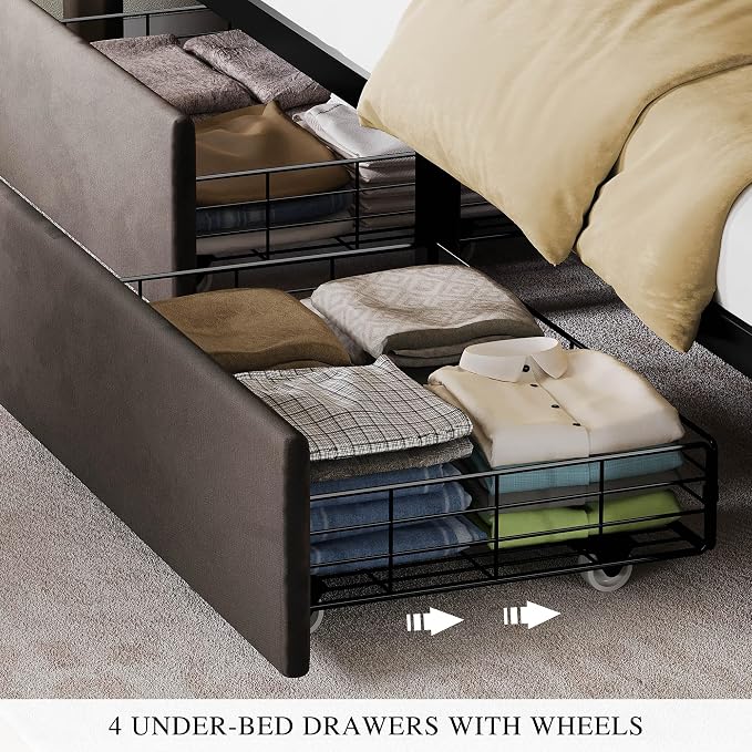 DWVO King Size Bed Frame with 4 Drawers and RGB LED Lights, Velvet Upholstered Platform Bed with Charging Station and Storage Headboard, No Box Spring Needed, Easy Assembly, Noise-Free, Grey