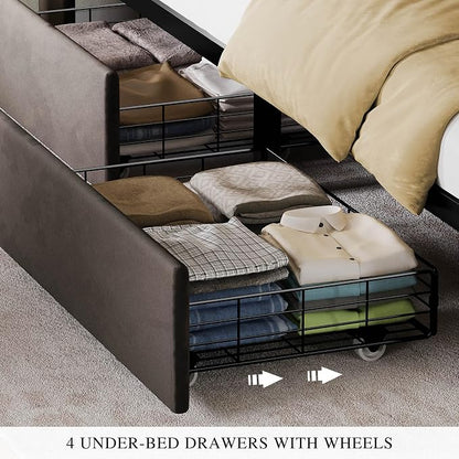 DWVO King Size Bed Frame with 4 Drawers and RGB LED Lights, Velvet Upholstered Platform Bed with Charging Station and Storage Headboard, No Box Spring Needed, Easy Assembly, Noise-Free, Grey