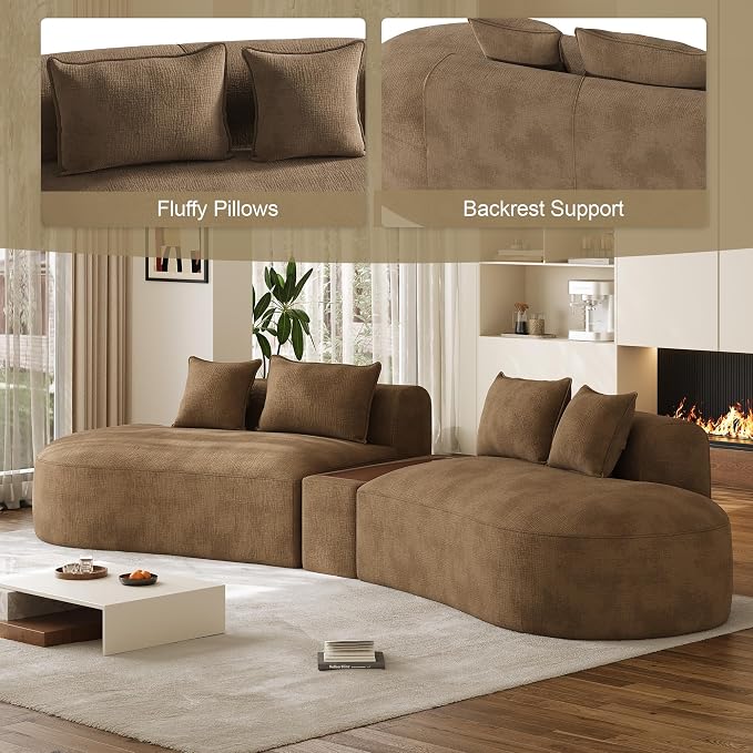 153.3" Oversized Curved Sectional Sofa, Luxury Chenille Cloud Couch for Living Room, Large Modern Modular Deep Seat Sofa with Movable Coffee Table & USB, No Assembly Needed, Brown