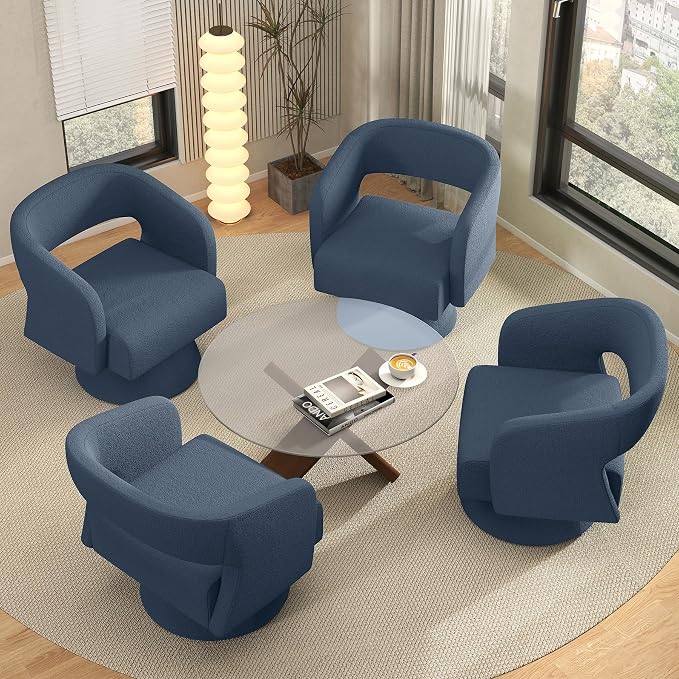 Luxanimarion Swivel Barrel Accent Chair,Oversized Teddy Upholstered Round Swivel Chair,Modern Luxury 360 Degree Living Room Vanity Chair for Bedroom Office,Blue,4PCS